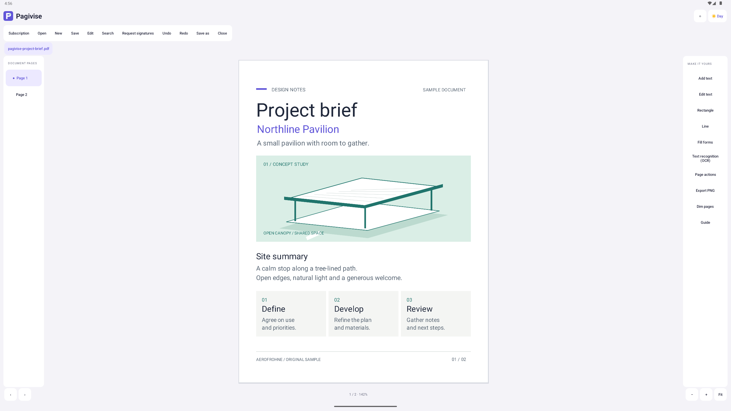 Pagivise Android preview with an original sample project brief, page navigation, editing tools, and zoom controls.